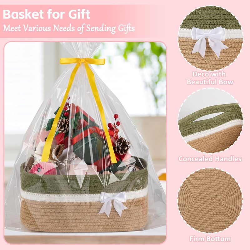 OIAHOMY Large Woven Storage Basket with Handles for Nursery Living Room Shelves, Bow Basket for Gifts Empty with Gift Bags and Ribbons for Baby Showers Pet Toy Bin - Light Green & Yellow - Image 5